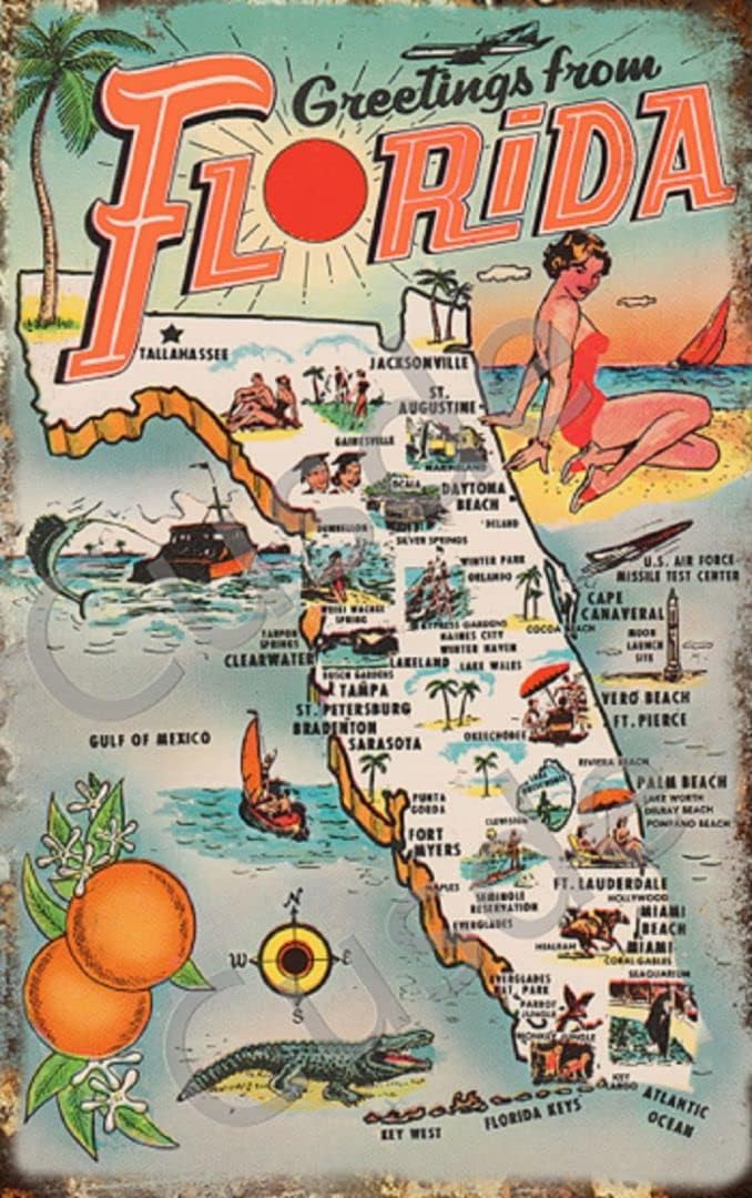 Vintage Collectible Posters - Cusde Vintage 1954 „Greetings from Florida“,